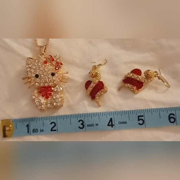 New Golden Crystal Bow Heart Kitty Necklace+Red Heart Wrapped Snake Earrings Set - Picture 10 of 15